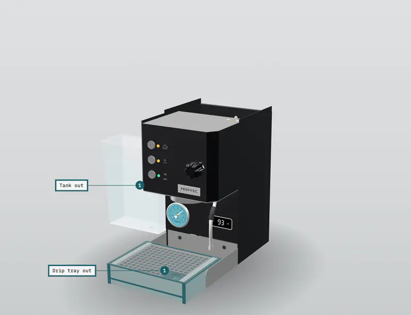 The Profitec GO 3D model at the end of step 1 of 3, “Tank out”