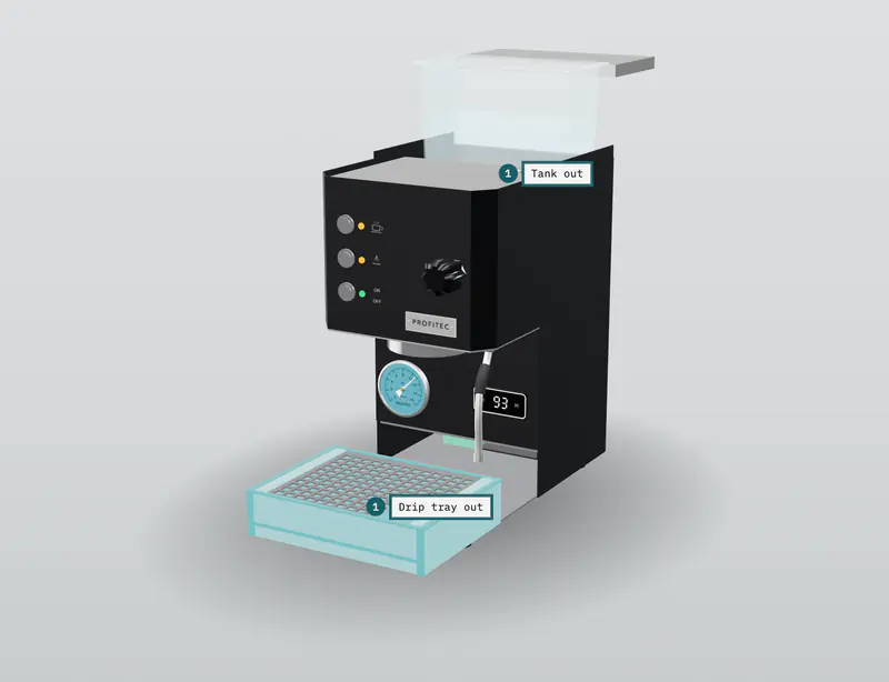 The Profitec GO 3D model at the end of step 1 of 3, “Tank out”, with the Water tank, 2.8 L labelled