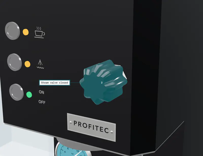 The Profitec GO 3D model at the end of step 2 of 3, “Steam valve closed”, with the Steam knob labelled