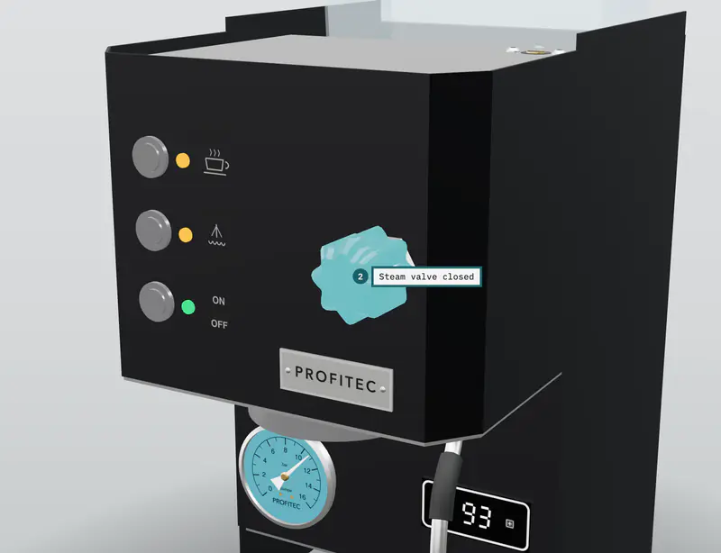 The Profitec GO 3D model at the end of step 2 of 3, “Steam valve closed”