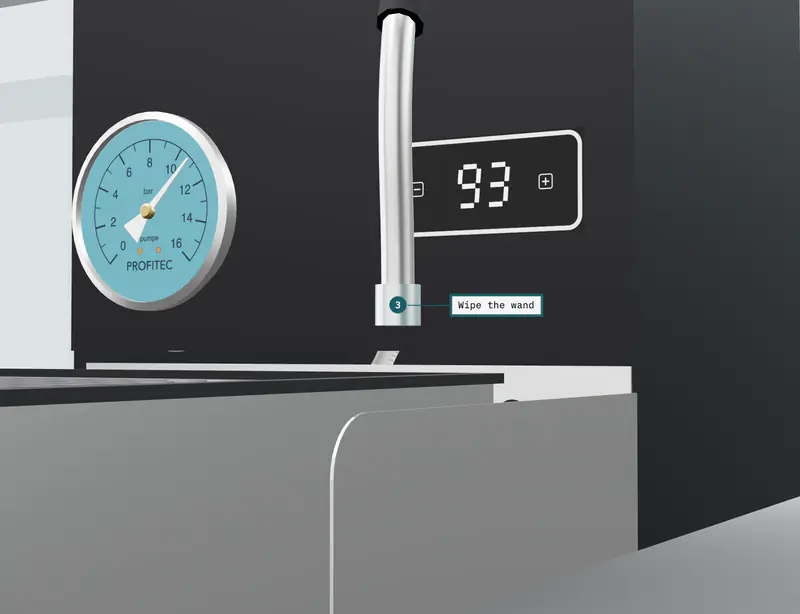 The Profitec GO 3D model at the end of step 3 of 3, “Wipe the wand”, with the Steam tip labelled