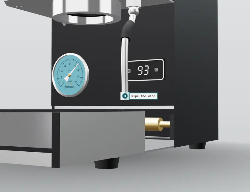 The Profitec GO 3D model at the end of step 3 of 3, “Wipe the wand”, with the Steam wand labelled
